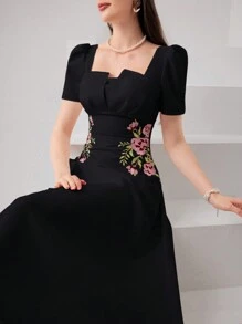 Modelyn Floral Embroidery Puff Sleeve Elegant Long Dress Long Evening Dresses