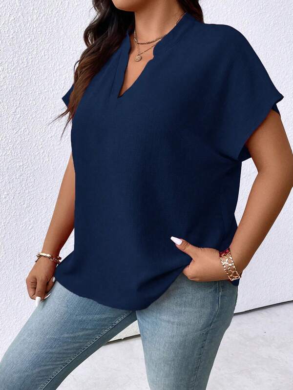 Plus Notched Neck Batwing Sleeve Blouse