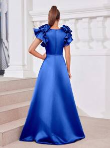 SHEIN Belle Vestido de princesa elegante y grácil con escote cuadrado decorado con flores 3D de satén, diseño en línea A, perfecto para ceremonias de graduación y ocasiones formales como bodas y cenas. - azul real - Ver 3