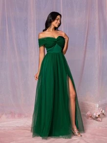 SHEIN Belle Vestido de dama de honor para adultos con hombros descubiertos, con nudo al frente, abertura alta y bajo acampanado, vestido elegante - Verde Oscuro - Ver 4