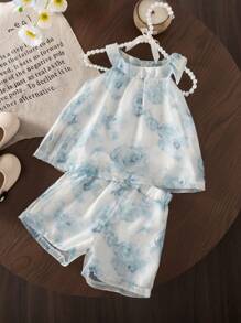 SHEIN Summer Fashionable Outfit For Little Girls, 2pcs Sleeveless Vest And Shorts Set