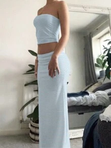 INAWLY Conjunto de tubo con estampado de rayas para mujer, simple para uso diario, que incluye top y falda - Azul y blanco - Ver 3