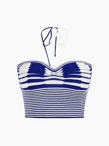 Flirla Plus Striped Pattern Halter Knit Top For Dailywear - Multicolor - View 1