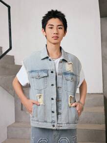 Teenage Boys' Denim Jacket, Fashionable Retro Casual Vintage Distressed Washed Denim Coat