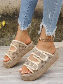 Women's Fashionable Buckle Strap European & American Style Lightweight Non-Slip Fabric Beach Platform Sandals