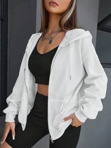 RueChic Sudadera con capucha con cierre y cordón frontal, de hombros caídos