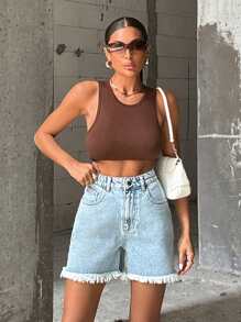 Medium Cut-Off Denim Shorts With Distressed Frayed Hem, High Waist - Light Wash - View 3