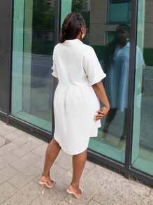 Slaydiva Vestido babydoll blanco festivo con botones delanteros y borde de volantes - E - Blanco - Ver 4