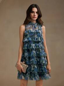 Anewsta Layered Ruffle Trim Halter Neck Elegant Cake Smash Beach Dress - Blue - View 8