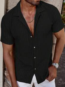 Manfinity Homme Men's Summer Solid Color Short Sleeve Casual Commuting Shirt - Black - View 4