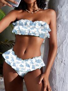 Swim Mod 复古甜美多层荷叶边女士泳衣套装夏季 - 藍白色 - 查看 4