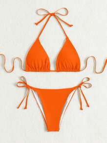 SHEIN Swim Conjunto de bikini naranja unicolor con cuello de halter y lazo, sexy para verano y playa, traje de baño - Naranja - Ver 5