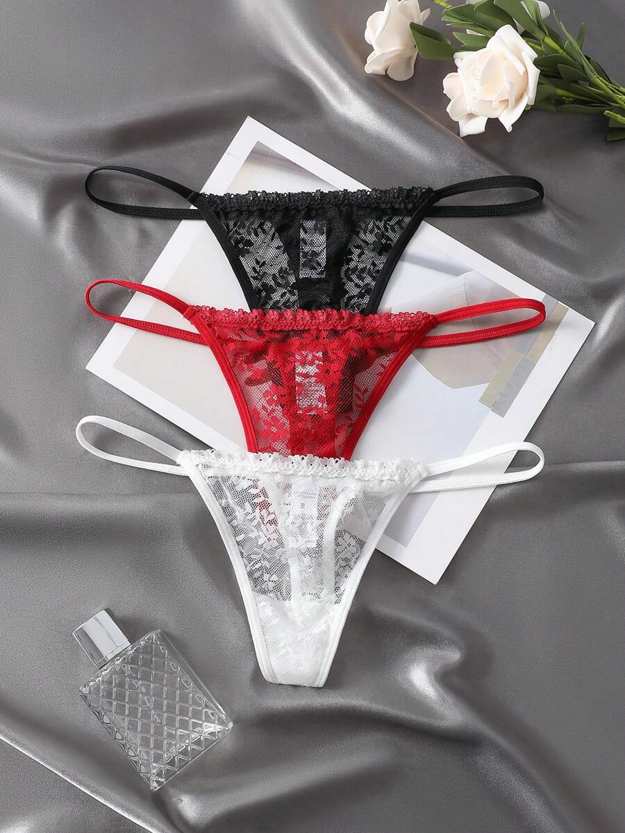 Women's Multicolored Contrast Lace Sheer Sexy G-String Panties (Pack Of 3) - Multicolor - View 1