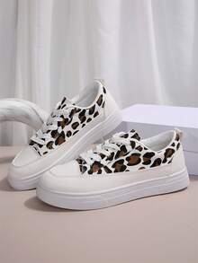 女士休閒運動鞋，白色運動鞋，豹紋印花，綁帶，拼接，平底鞋，女士休閒鞋 - 米色 - 查看 5