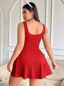SHEIN EZwear 大码女式无袖连体衣，纯色口袋，连体衣 - 紅色 - 查看 2