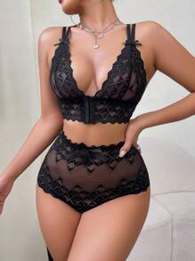 Conjunto de lencería sexy de mujer en color negro clásico, estilo delgado de 2 piezas - Negro - Ver 3