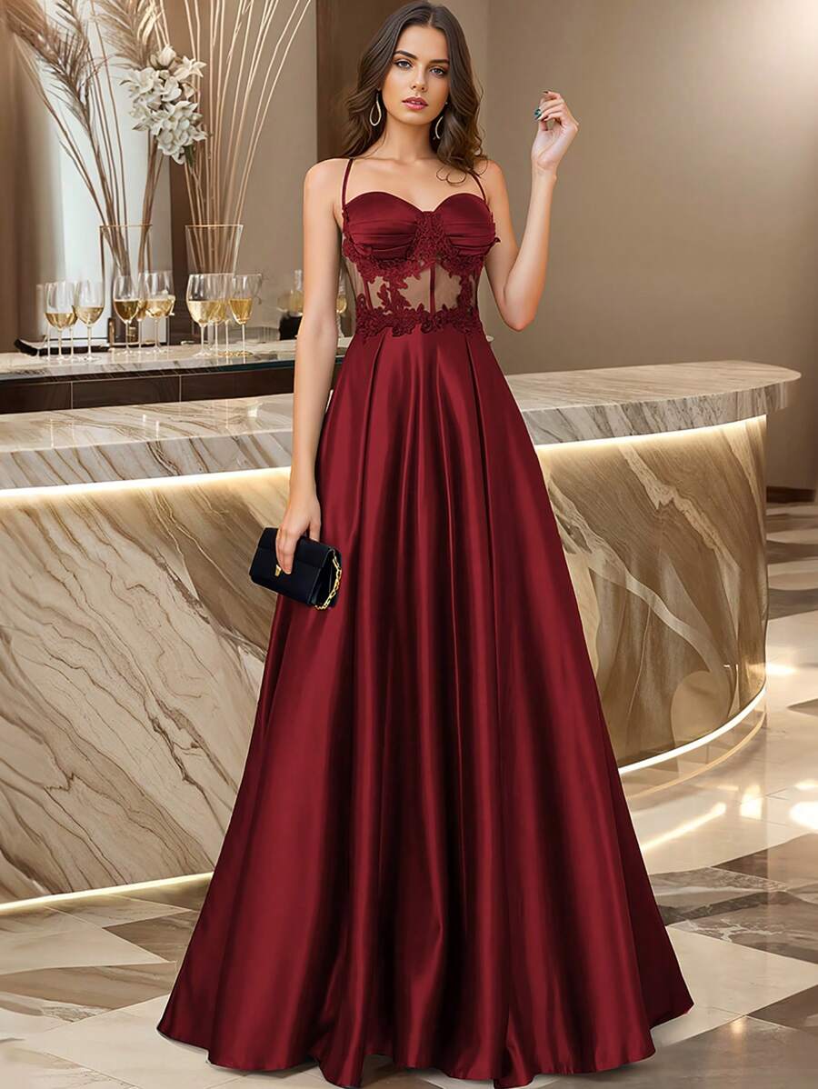 HOMEYEE 性感镂空蕾丝吊带背心复古休闲晚会礼服，非常适合度假、婚礼宾客礼服舞会礼服 - 酒紅色 - 查看 1
