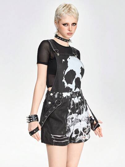 ROMWE Avant Pantalones vaqueros y monos de mujer con tirantes impresos con calaveras