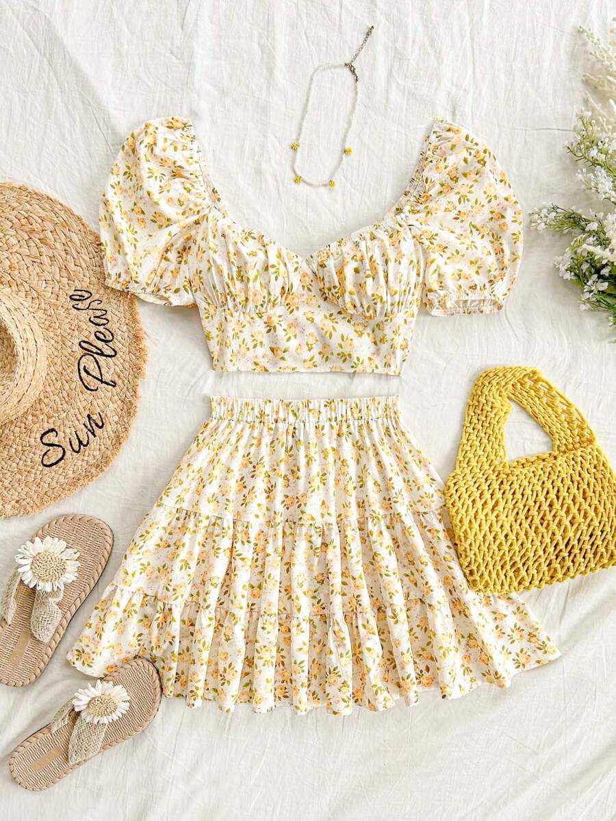 Soleia 女士度假复古黄色和白色碎花泡泡袖甜心领上衣和迷你裙两件套休闲套装，夏季 - 彩色 - 查看 1