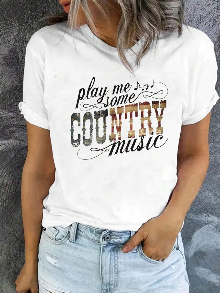 INAWLY Women's Country Music Festival Printed Shirt, Letter Printed Casual Crew Neck Short Sleeve T-Shirt Play Me Some COUNTRY Music Graphic Tees Women Tops - White - View 1