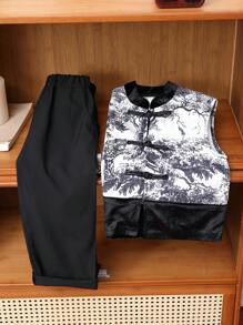 Young Boy's Hand-Drawn Forest And Animal Print Velvet Stand Collar Vest With Wide Shoulders, Buckle Closure And Black Trousers Hanfu Suit Set, Suitable For Summer And Autumn, Ideal For Layering And - Black - View 1