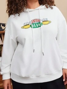 FRIENDS X SHEIN 大码时尚咖啡杯和电影海报印花白色宽松抽绳卫衣，春秋季 - 白色 - 查看 6