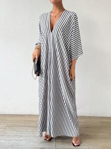 Chiquease Casual Striped Batwing Sleeve Dress For Spring And Summer - Black and White - View 6