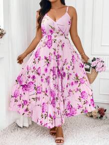 SHEIN Holidaya Váy hai dây xếp ly in hoa thanh lịch cỡ lớn, trang phục Maxi mùa hè cho nữ - Màu Lilac Tím - Xem 1