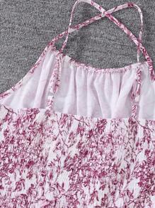 Teen Girls Ditsy Floral Spaghetti Strap Asymmetrical Hem Ruffle Bow Tight Mini Dress - Hot Pink - View 4