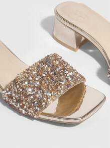 CUCCOO TILAWA Fashionable Shallow Gold Rhinestone Chunky Low Heel Sandals For Women For Spring And Summer - Gold - View 5