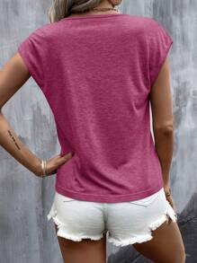 EMERY ROSE 女士夏季心形印花V領蝙蝠短袖休閒T卹 - 中紫紅色 - 查看 5