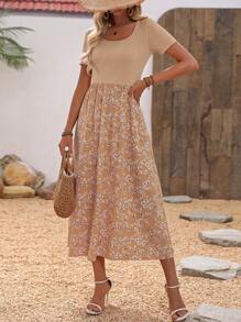 EMERY ROSE Contrast Ditsy Floral Print A-Line Dress For Summer Vacation Maxi Women Outfit - Khaki - View 6
