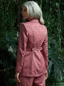 SHEIN LUNE 花卉提花双排扣日常西装外套 - 紅色 - 查看 2