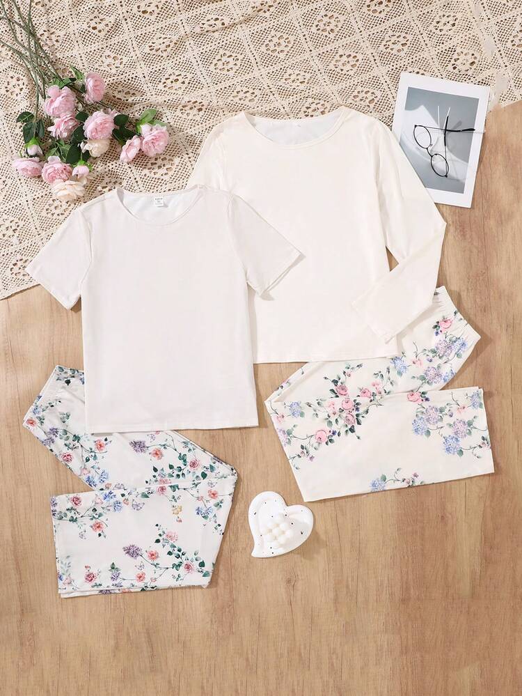 Teen Girl's Simple Short Sleeve T-Shirt And Fresh Flower Printed Loose Casual Home Pajamas With Long Pants, Mommy And Me Matching Outfits (2 Sets Sold Separately)