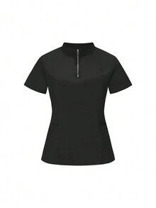 SHEIN TaskFit Ensemble uniforme de pantalon long et chemise à manches courtes simple de couleur unie pour grande taille, à zip au col, uniforme et blouse pour grande taille - Noir - Voir 5