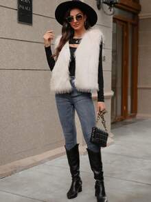 Women Solid Color Fashion Faux Fur Vest For Spring And Autumn - Beige - View 7