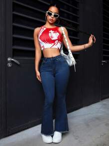 SHEIN PETITE Vaqueros de campana con bolsillo y bajo deshilachado, vaqueros casuales de moda para mujer