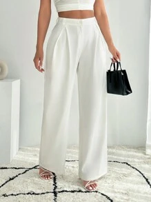 EURMUSE Women White Pleated Wide Leg Pants - White - View 4