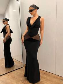SHEIN ICON Y2k 修身性感网眼腰垂领露背连帽女式美人鱼黑色夏季优雅长款紧身连衣裙 - 黑色 - 查看 7
