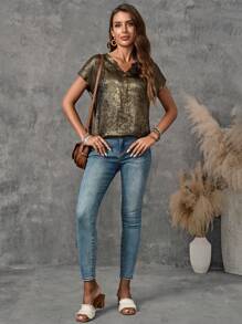 EMERY ROSE Blusa de manga murciélago con cuello en V para verano - Dorado - Ver 2