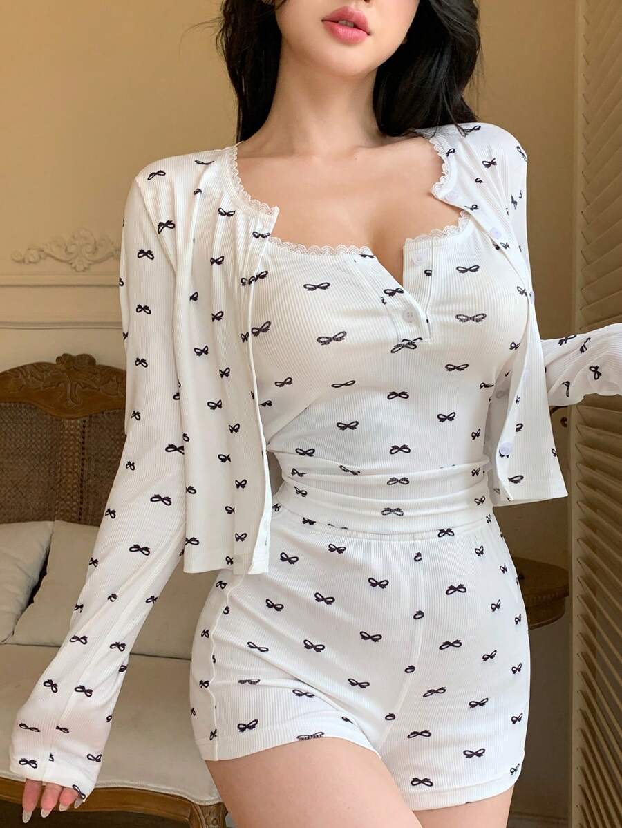 DAZY 撞色包边提花白色睡衣套装，冰丝面料，白色套装，秋冬服装。 - 白色 - 查看 1