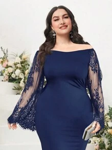 Modelyn Vestido de hombros descubiertos con encaje de manga campana de muslo con abertura - Azul Marino - Ver 4