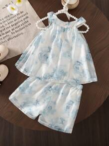 SHEIN Summer Fashionable Outfit For Little Girls, 2pcs Sleeveless Vest And Shorts Set