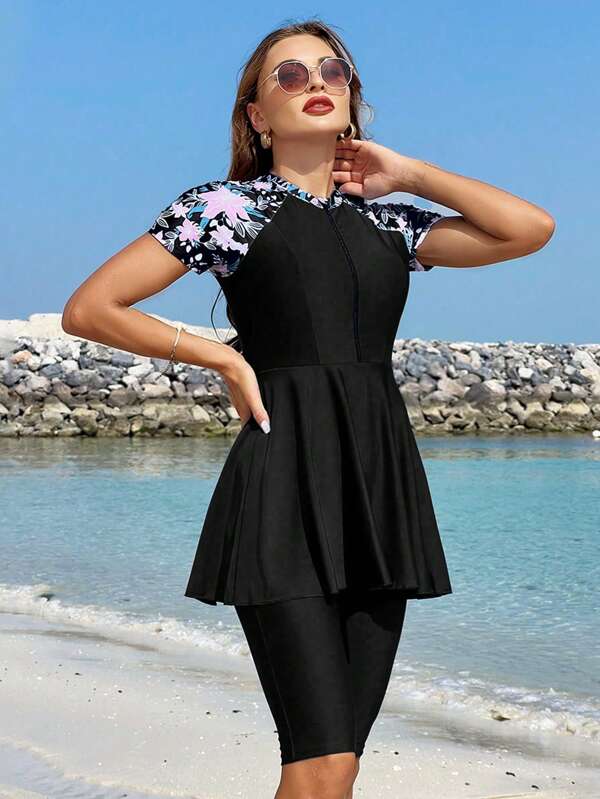 Swim Shayni Women's Burkini Set, Printed, Non-Wired, Random Print (Purchased Copyright), Blue Flower Patterned Burkini Suit SummerArabic Clothing
