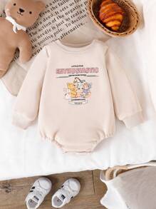 女婴圆领长袖针织连体衣，字母、小熊、兔子、小马印花，舒适可爱，休闲百搭，春、秋、冬新款，闪亮小星星设计 - 杏色 - 查看 1