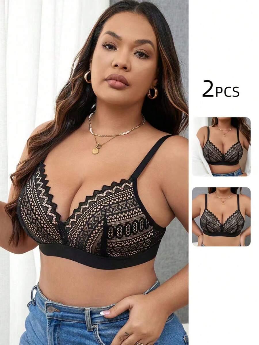 Plus Size Lace Patchwork Wireless Bra In Solid Color ,2 Pcs - Black - View 1