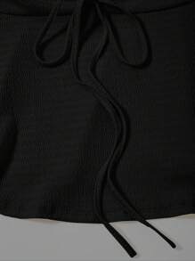 SHEIN EZwear Women's Plus Size Solid Color Strapless Top With Drawstring Bow Tie Front - Black - View 5