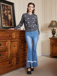 SHEIN MOD Cárdigan de cuello redondo de manga larga con adorno de lazo gris, otoño/invierno - Gris - Ver 4