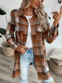 SHEIN LUNE 女士秋冬格紋襯衫式休閒復古運動常規外套 - 棕色 - 查看 3