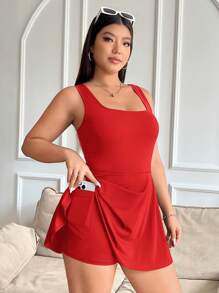 SHEIN EZwear 大码女式无袖连体衣，纯色口袋，连体衣 - 紅色 - 查看 3